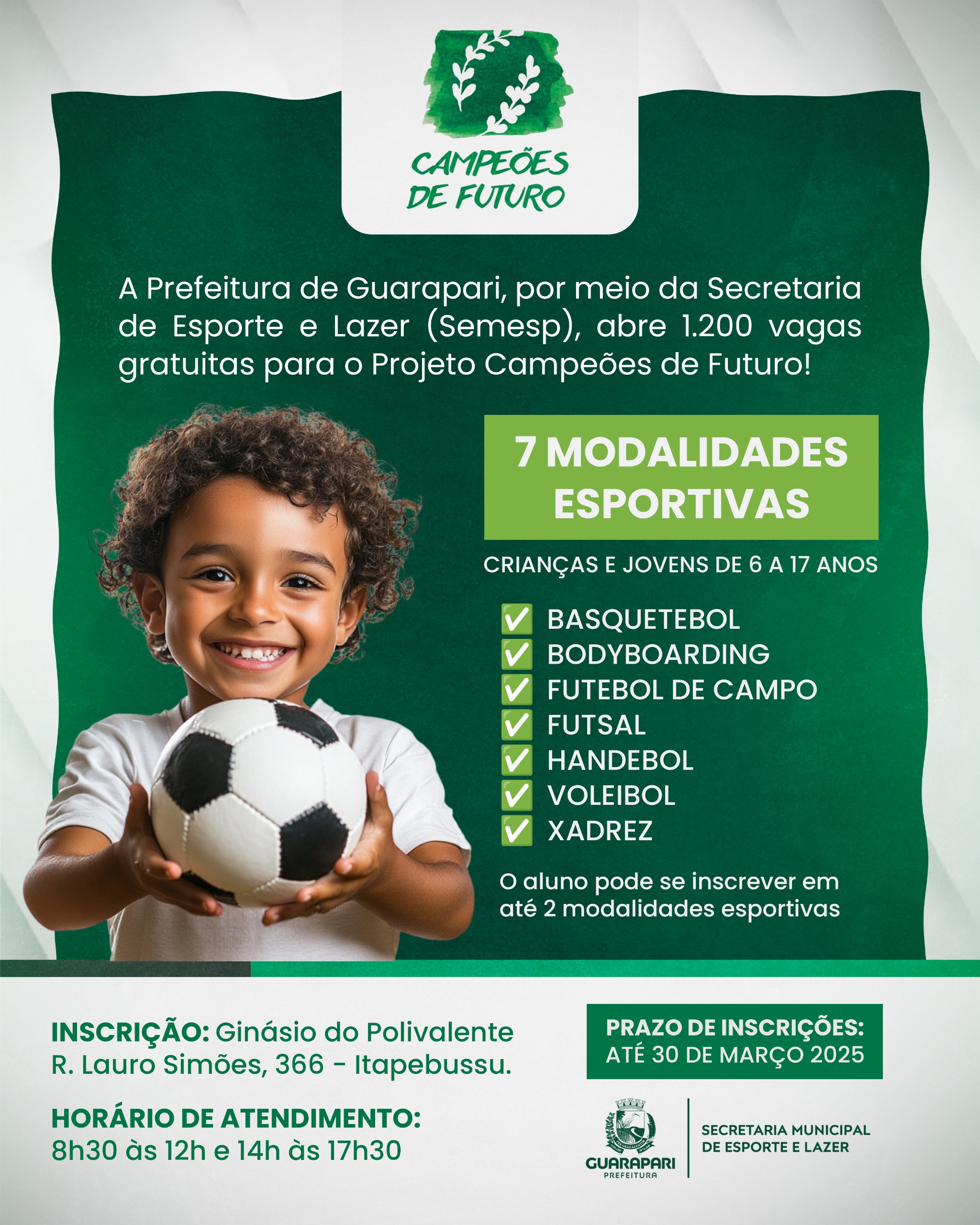 Projeto esportivo abre 1.200 vagas gratuitas em 7 modalidades para crianças e jovens de Guarapari