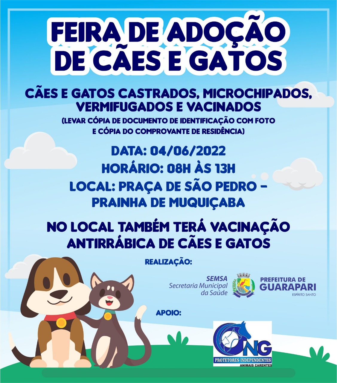 Prefeitura de Guarapari realiza ação de adoção de animais e vacinação antirrábica neste sábado (04)