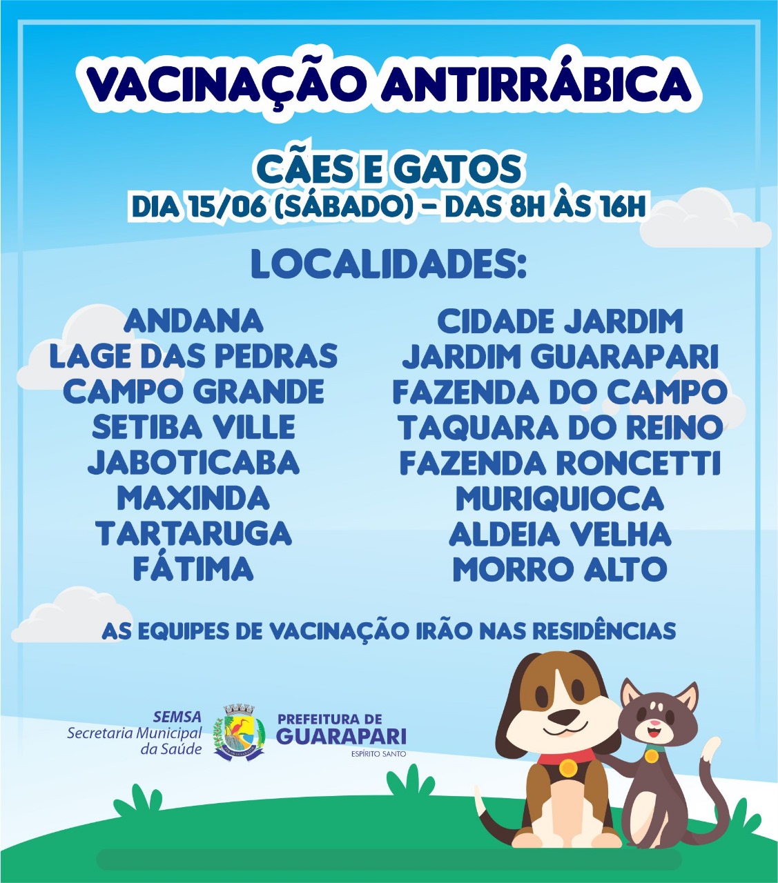 Sábado tem vacinação antirrábica na zona rural de Guarapari