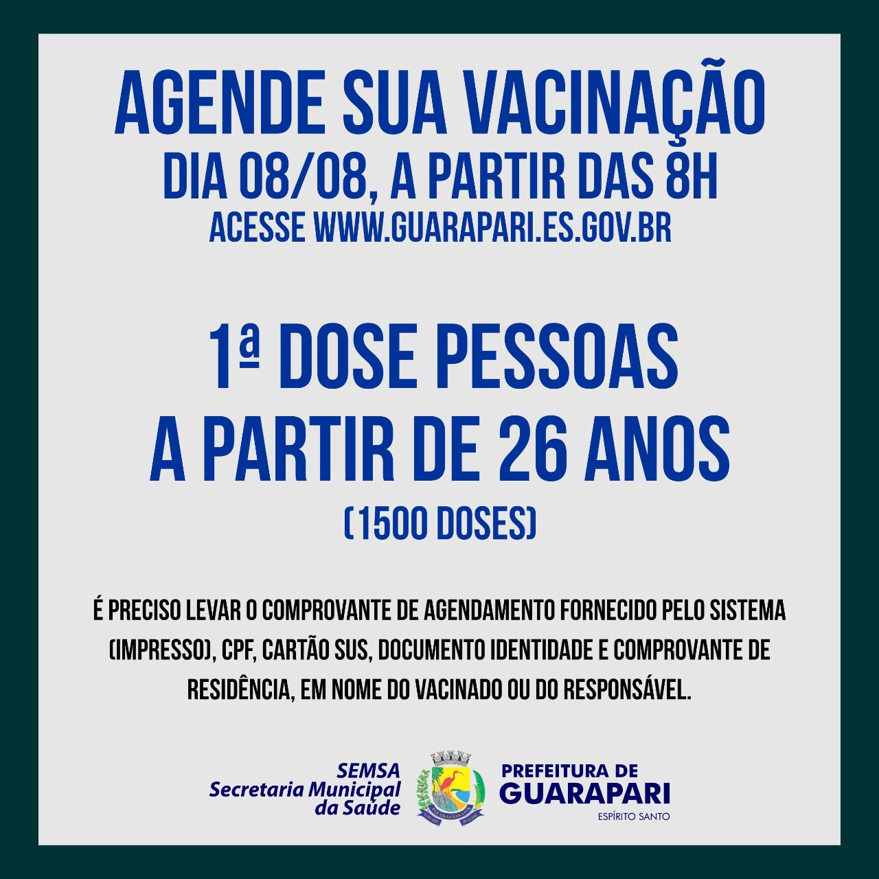 Vacinação Covid: Guarapari abre segundo agendamento para público acima de 26 anos